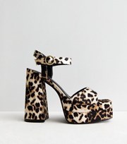 New Look Stone Leopard Print Satin Block Heel Platform Sandals